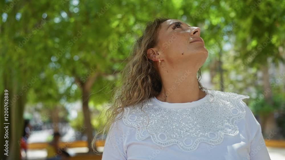 Woman looking up while standing in an outdoor urban park with green trees in the background on a sunny day. Woman looking up while standing in an outdoor urban park with green trees in the background on a sunny day.