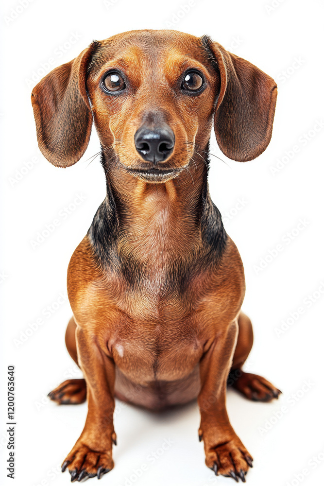 A curious brown dachshund sits attentively in a studio setting with a white background, showcasing its expressive eyes and shiny, short coat. A curious brown dachshund sits attentively in a studio setting with a white background, showcasing its expressive eyes and shiny, short coat.