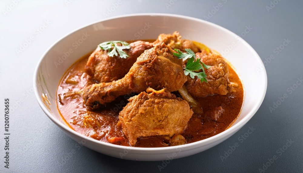 Chicken Rendang Crispy or Asian curry Rendang inside white bowl. Generated image Chicken Rendang Crispy or Asian curry Rendang inside white bowl. Generated image