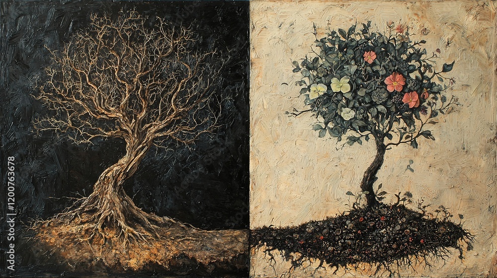 Naklejka premium Dual Tree: Life & Decay