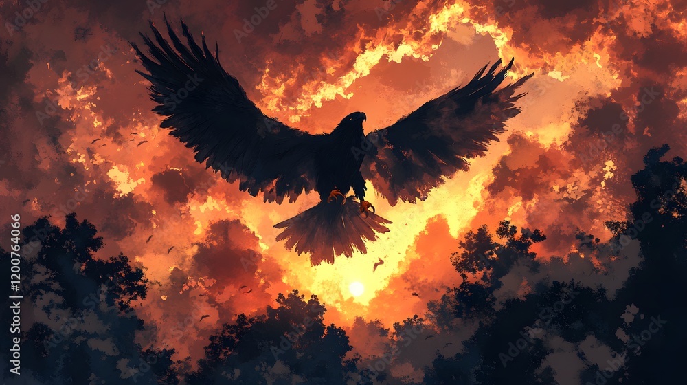 Majestic Eagle Soaring Through Fiery Sunset Sky Majestic Eagle Soaring Through Fiery Sunset Sky