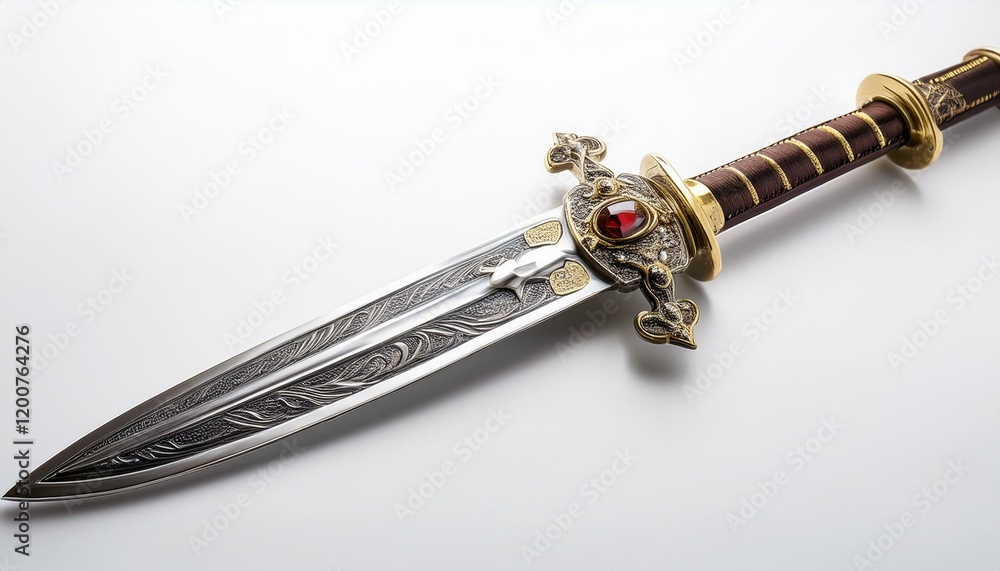 Ornate dagger with intricate detailing and a ruby gemstone. Ornate dagger with intricate detailing and a ruby gemstone.