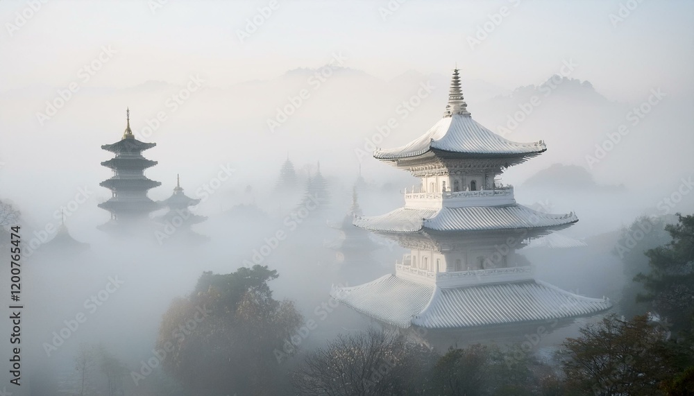 Obraz premium Misty morning view of ancient pagodas.