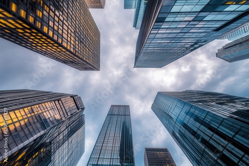 City skyscrapers, low angle, cloudy sky, urban, business photo