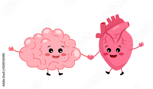 Brain and heart holding hands cartoon character. Harmony between a feeling and a mind vector illustration.