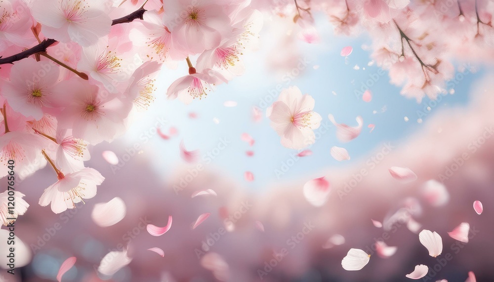 Fototapeta premium Delicate pink cherry blossoms gently fall against a soft blue sky.