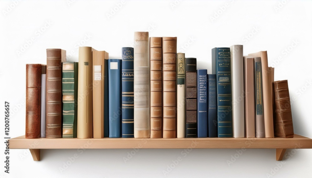 Naklejka premium A collection of books sits on a wooden shelf against a white background.