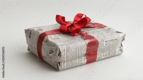 Rectangular gift wrapped in newspaper with red satin ribbon on white background
