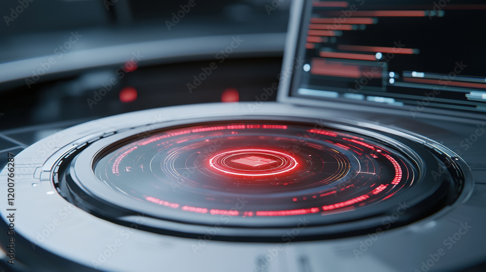 Obraz premium Futuristic interface with glowing red elements and digital data display