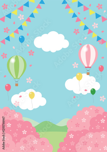 春の行楽背景、縦、桜、イラスト、かわいい、風船、気球、空
