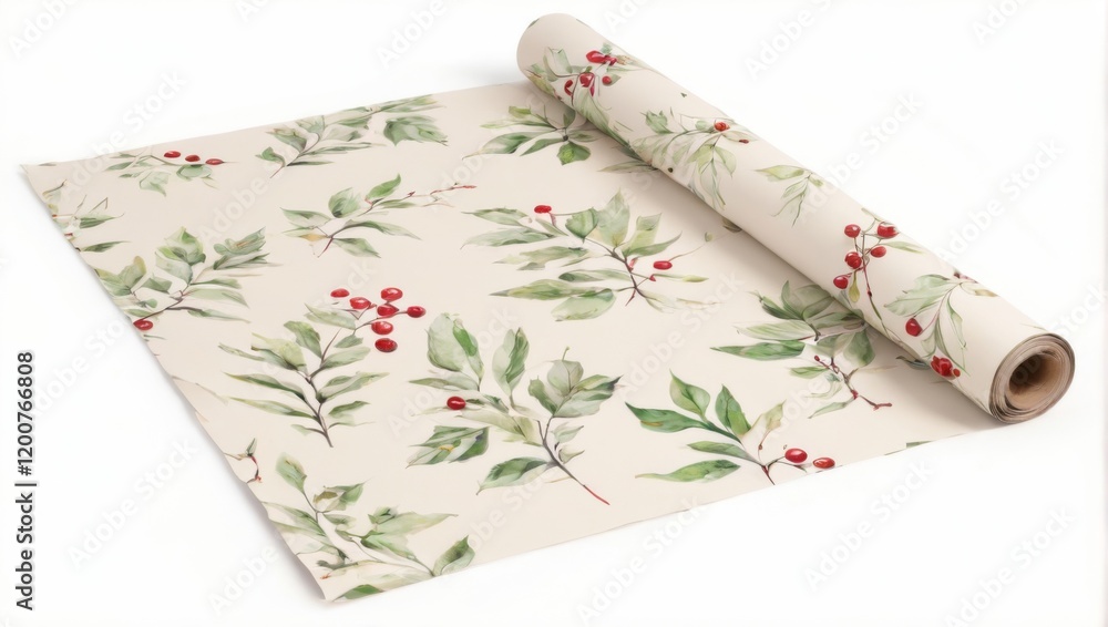 Roll of Wrapping Paper with Green Leaves and Red Berries on Beige Background Symmetrical Pattern Roll of Wrapping Paper with Green Leaves and Red Berries on Beige Background Symmetrical Pattern