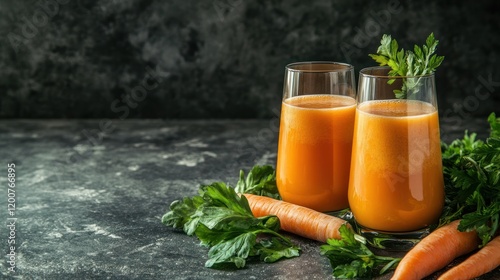 Two glasses of fresh carrot juice with carrots and parsley on dark background. photo