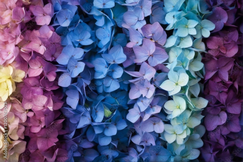 Vibrant Hydrangea Flowers in Intricate Overlapping Pattern with Bright Yellow Centers Vibrant Hydrangea Flowers in Intricate Overlapping Pattern with Bright Yellow Centers