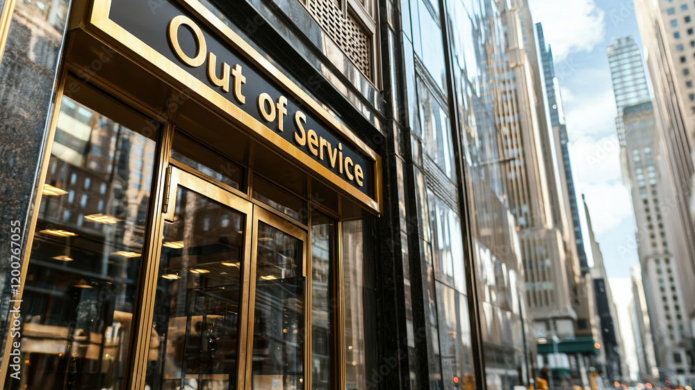 Bank building with closed doors and out of service sign in urban setting Bank building with closed doors and out of service sign in urban setting