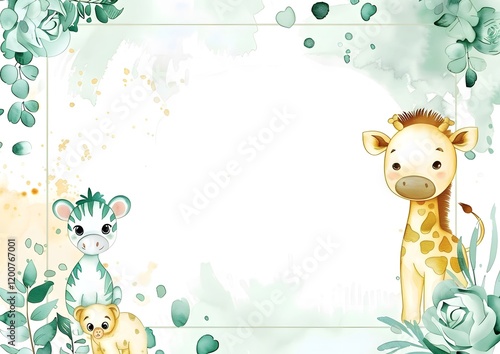 Wallpaper Mural A whimsical illustration featuring a giraffe, zebra, and lion cub with floral elements. Torontodigital.ca