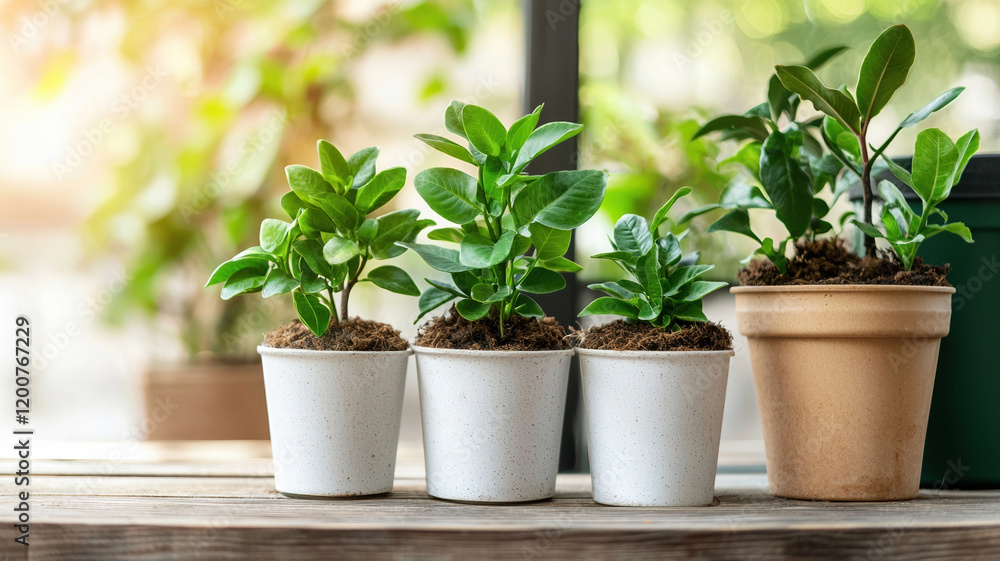 Indoor plants in pots on wooden table, showcasing greenery and growth Indoor plants in pots on wooden table, showcasing greenery and growth