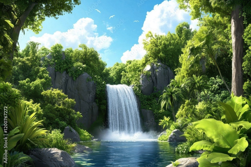 Naklejka premium A lush tropical scene featuring a waterfall cascading into a serene pool, surrounded by vibrant greenery and a clear blue sky.