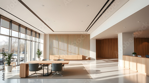 Modern Office Lobby Interior Design: Sunlight Streaming Through Large Windows, Elegant Wood Accents, and Minimalist Style