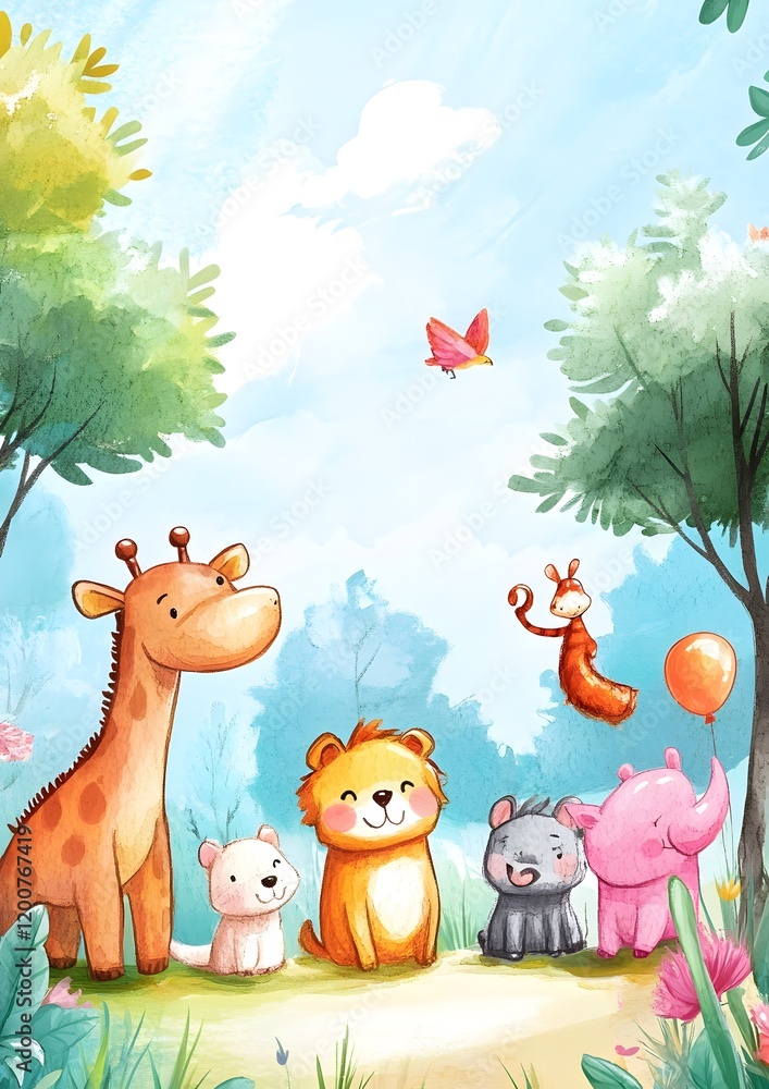 Naklejka premium A cheerful group of cartoon animals enjoying a sunny day in a vibrant forest.
