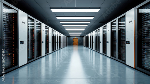 Data center corridor with server racks and bright lighting