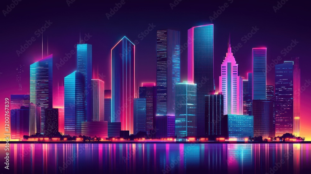 A vibrant city skyline illuminated by neon lights at night. A vibrant city skyline illuminated by neon lights at night.