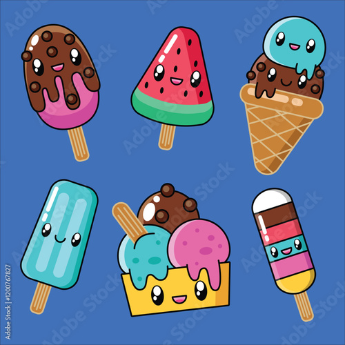Hand drawn cute kawaii ice cream vector illustration