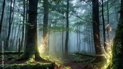 Magical forest mist, glowing energy, trees, moss, nature background, fantasy
