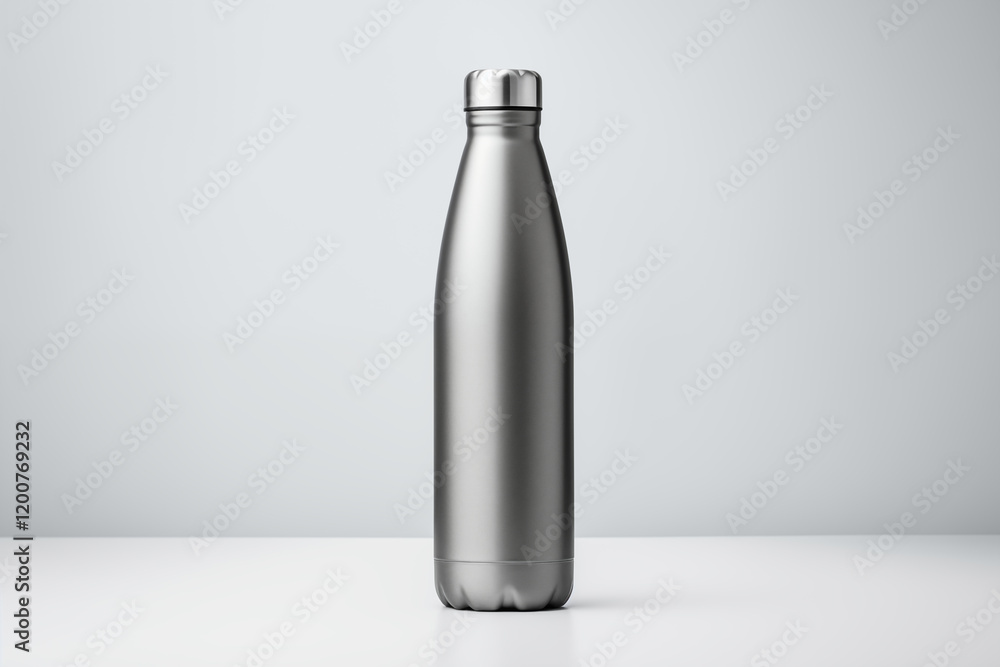 Metal water bottle on white surface, suitable for ecofriendly product promotion, hydration concepts, sustainable lifestyle blogs, or fitness designs. Metal water bottle on white surface, suitable for ecofriendly product promotion, hydration concepts, sustainable lifestyle blogs, or fitness designs.