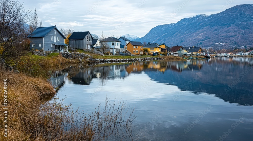 Fototapeta premium Tranquil reflections picturesque town by a still lake in autumn serene landscape nature's beauty