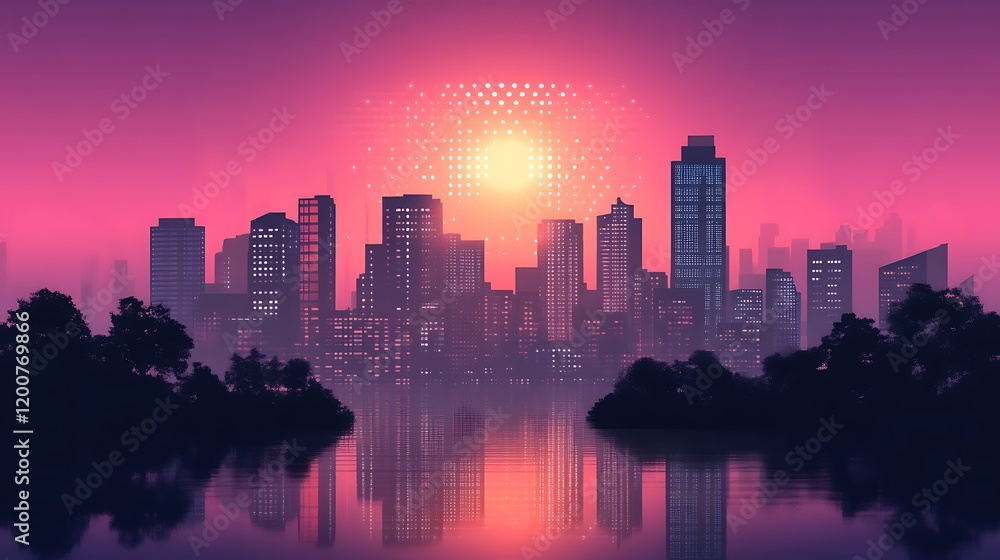 Cityscape at Dusk with Fireworks Display Above the Skyline Cityscape at Dusk with Fireworks Display Above the Skyline