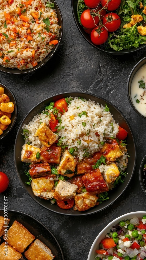 A vibrant spread of delicious dishes featuring rice, vegetables, and protein, arranged in stylish bowls perfect for a hearty meal. A vibrant spread of delicious dishes featuring rice, vegetables, and protein, arranged in stylish bowls perfect for a hearty meal.