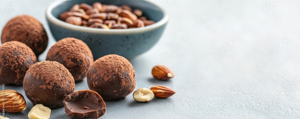 A collection of chocolate truffles and assorted nuts, beautifully arranged with a bowl of cocoa beans in the background on a light surface. A collection of chocolate truffles and assorted nuts, beautifully arranged with a bowl of cocoa beans in the background on a light surface.