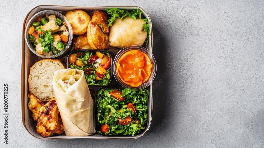 A colorful, appetizing meal box featuring a variety of dishes including salads, wraps, and sauces, perfect for a nutritious lunch or dinner option. A colorful, appetizing meal box featuring a variety of dishes including salads, wraps, and sauces, perfect for a nutritious lunch or dinner option.