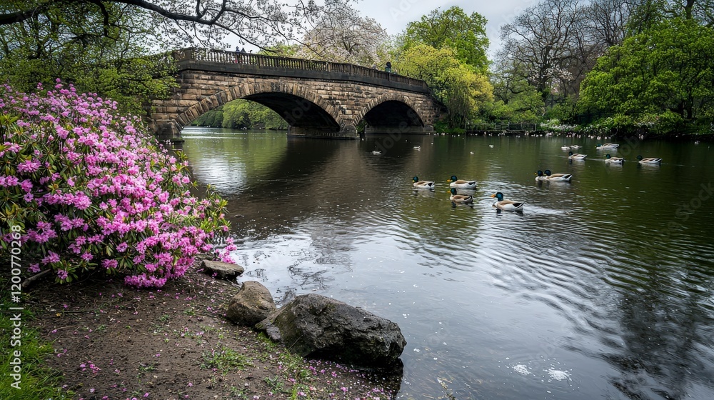 Scenic arched bridge surrounded by blooming flowers tranquil park nature photography serene water reflection landscape view Scenic arched bridge surrounded by blooming flowers tranquil park nature photography serene water reflection landscape view