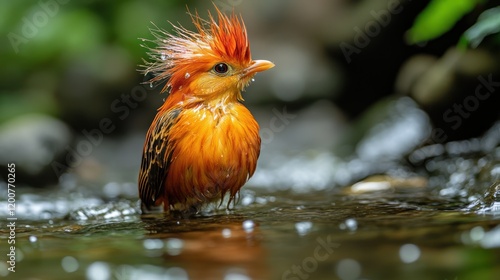 Rufous bird bathing stream rainforest nature wildlife photo