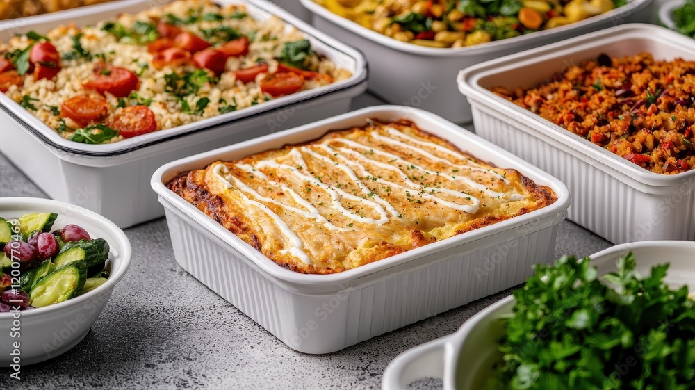 A colorful array of delicious dishes in white baking trays, showcasing a variety of ingredients and garnishes, perfect for sharing during a meal. A colorful array of delicious dishes in white baking trays, showcasing a variety of ingredients and garnishes, perfect for sharing during a meal.