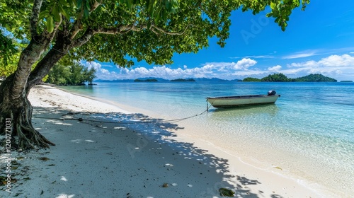 Lone boat on serene tropical beach unspoiled island paradise scenic view calm waters nature's beauty photo