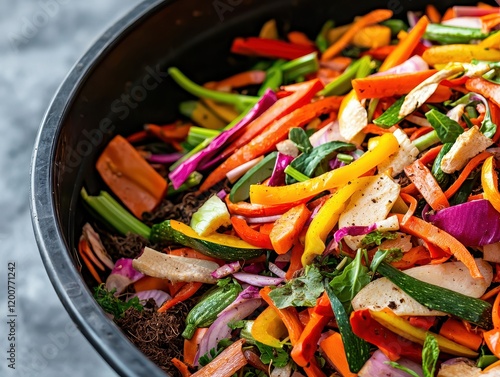 A vibrant mix of fresh, colorful vegetables in a bowl, showcasing a healthy and appetizing salad or stir-fry preparation. photo