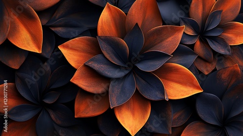 3D A pattern of dark brown and rust-colored petals with deep blue accents,