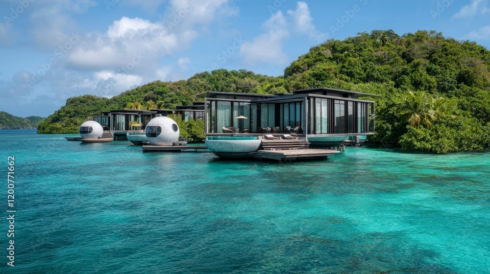 Floating spherical houses on a tranquil island retreat stunning architecture tropical paradise aerial view modern design Floating spherical houses on a tranquil island retreat stunning architecture tropical paradise aerial view modern design