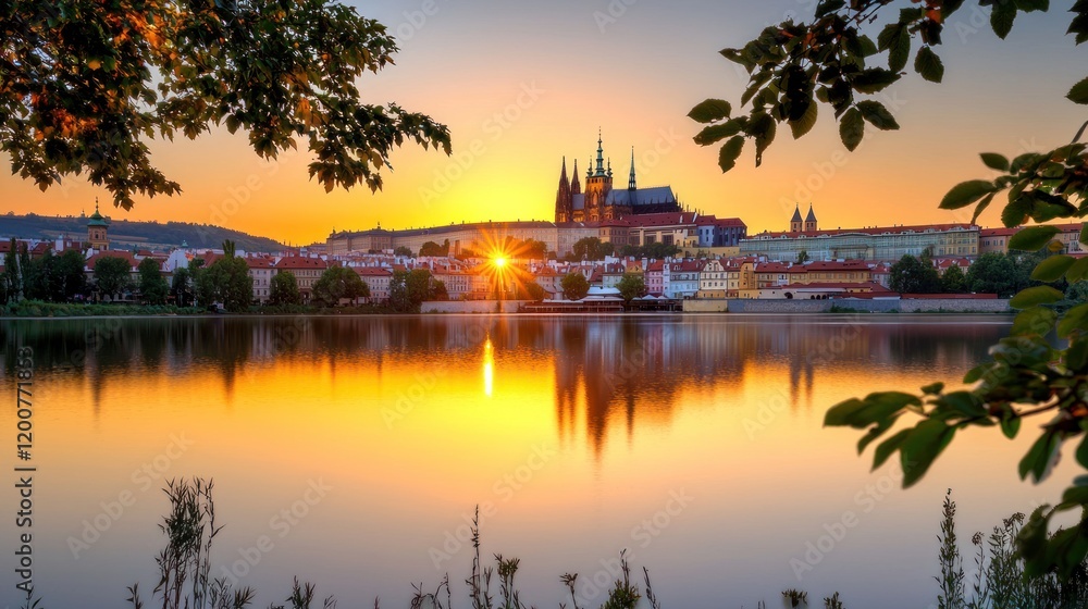 Fototapeta premium Sunrise over City with Castle Reflection