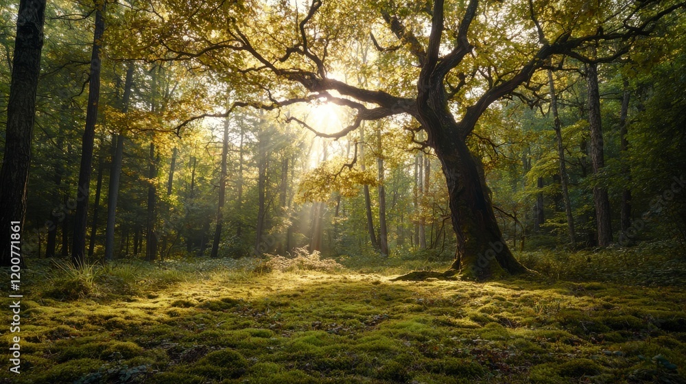Fototapeta premium Tranquil golden forest scene with evenly spaced trees natural landscape soft light peaceful atmosphere serene view