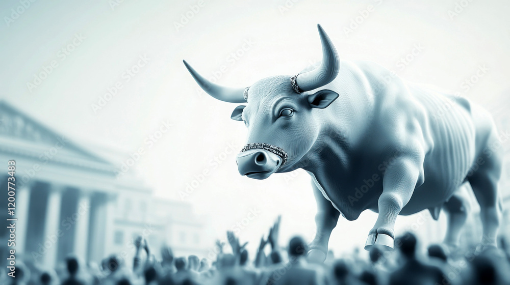 Fototapeta premium A powerful bull symbolizing strength amid a bustling crowd.