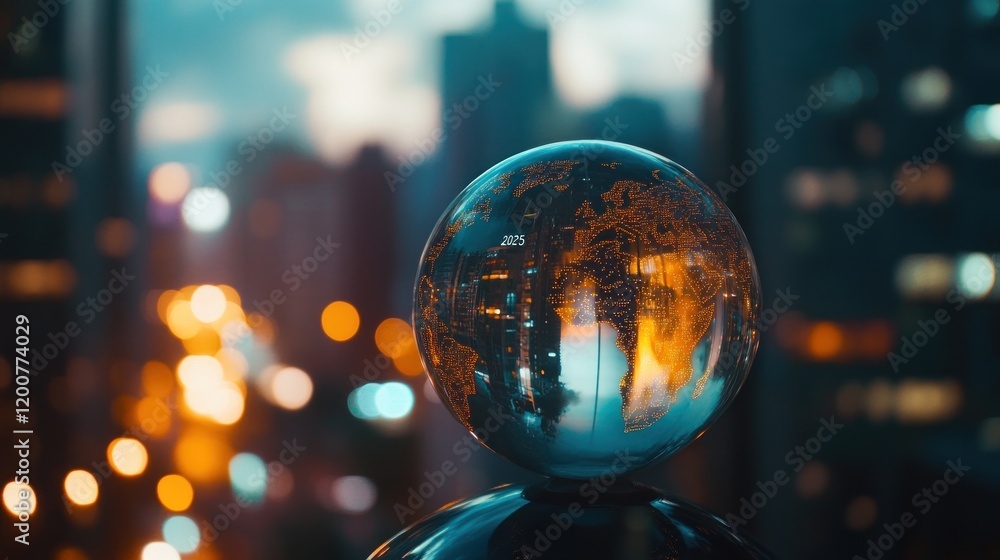 Glass Globe Reflecting City Lights at Night Glass Globe Reflecting City Lights at Night
