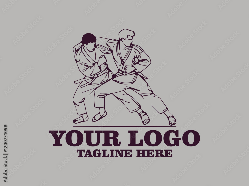 This one-line vector illustration features two young judokas fighting passionately. This minimalist design creates a strong and elegant impression, and is suitable for use as a poster design This one-line vector illustration features two young judokas fighting passionately. This minimalist design creates a strong and elegant impression, and is suitable for use as a poster design