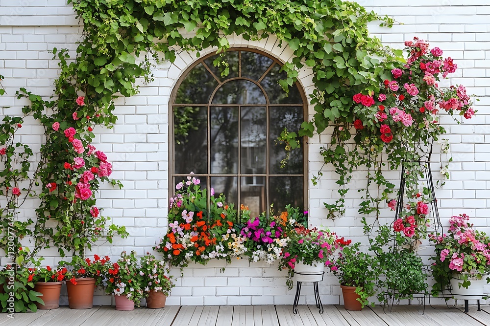 Naklejka premium Charming White Brick Exterior Decorated with Climbing Plants and Flowers