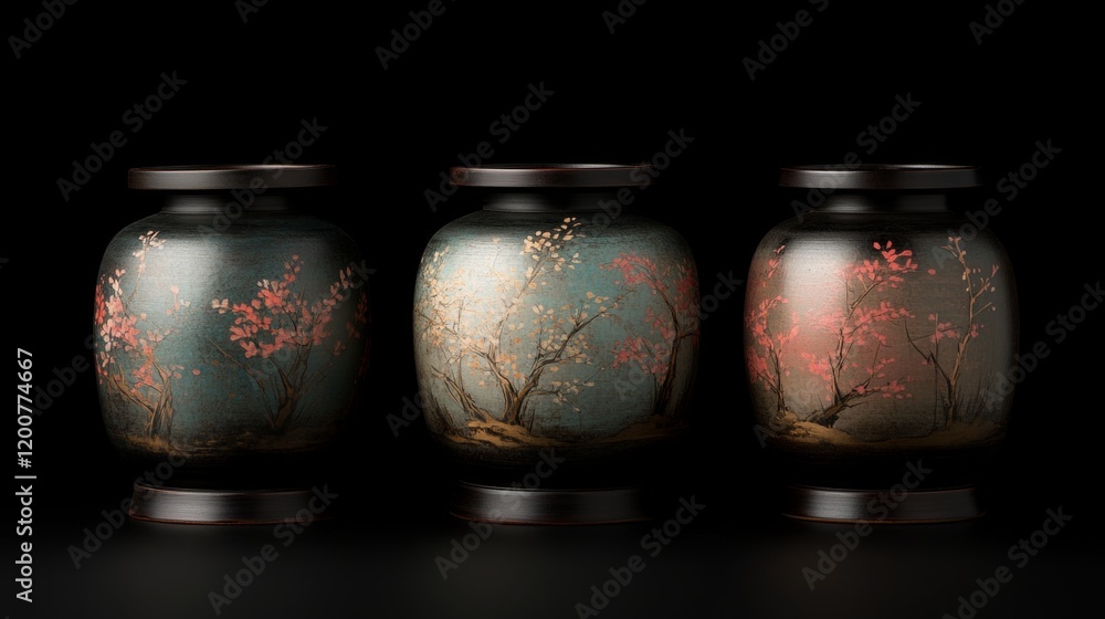 Elegant Asian Decor Three Painted Ceramic Vases Elegant Asian Decor Three Painted Ceramic Vases