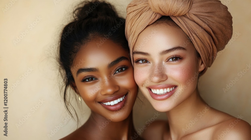 Close-up of two smiling women with glowing skin