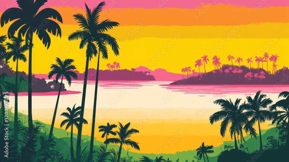 Fototapeta premium Vibrant Sunset over Tropical Lagoon with Silhouetted Palm Trees