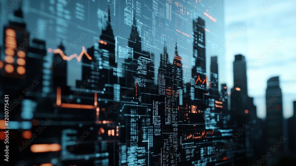 Urban Digital Skyline with Data Visualization Overlays Representing Technology Integration in City Development and Modern Infrastructure Growth Urban Digital Skyline with Data Visualization Overlays Representing Technology Integration in City Development and Modern Infrastructure Growth